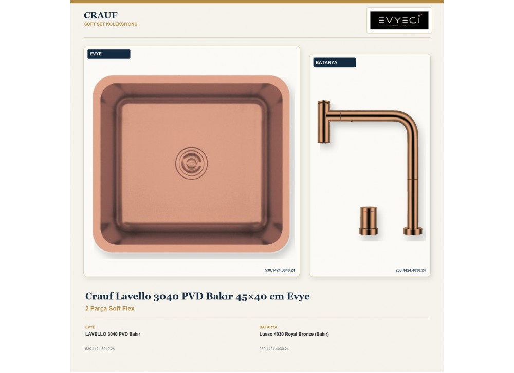 Crauf Lavello 3040 PVD Bakır 45×40 cm Evye + Lusso 4030 Royal Bronze (Bakır) Batarya | 2 Parça Soft Flex