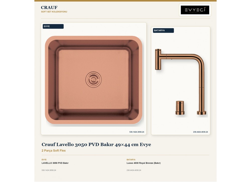 Crauf Lavello 3050 PVD Bakır 49×44 cm Evye + Lusso 4030 Royal Bronze (Bakır) Batarya | 2 Parça Soft Flex Crauf Lavello 3050 PVD Bakır 49×44 cm Evye + Lusso 4030 Royal Bronze (Bakır) Batarya | 2 Parça Soft Flex