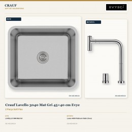 Crauf Lavello 3040 Mat Gri 45×40 cm Evye + Lusso 4030 Platinum Satin (İnox) Batarya | 2 Parça Soft Flex