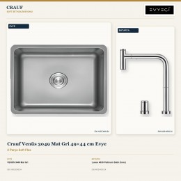 Crauf Venüs 3049 Mat Gri 49×44 cm Evye + Lusso 4030 Platinum Satin (İnox) Batarya | 2 Parça Soft Flex