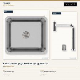 Crauf Lavello 3050 Mat Gri 49×44 cm Evye + Lusso 4030 Platinum Satin (İnox) Batarya | 2 Parça Soft Flex