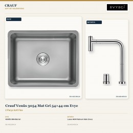 Crauf Venüs 3054 Mat Gri 54×44 cm Evye + Lusso 4030 Platinum Satin (İnox) Batarya | 2 Parça Soft Flex