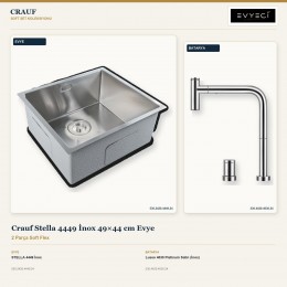 Crauf Stella 4449 İnox 49×44 cm Evye + Lusso 4030 Platinum Satin (İnox) Batarya | 2 Parça Soft Flex