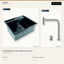 Crauf Poli 6301 İnox 58×51 cm Evye + Lusso 4030 Platinum Satin (İnox) Batarya | 2 Parça Soft Flex