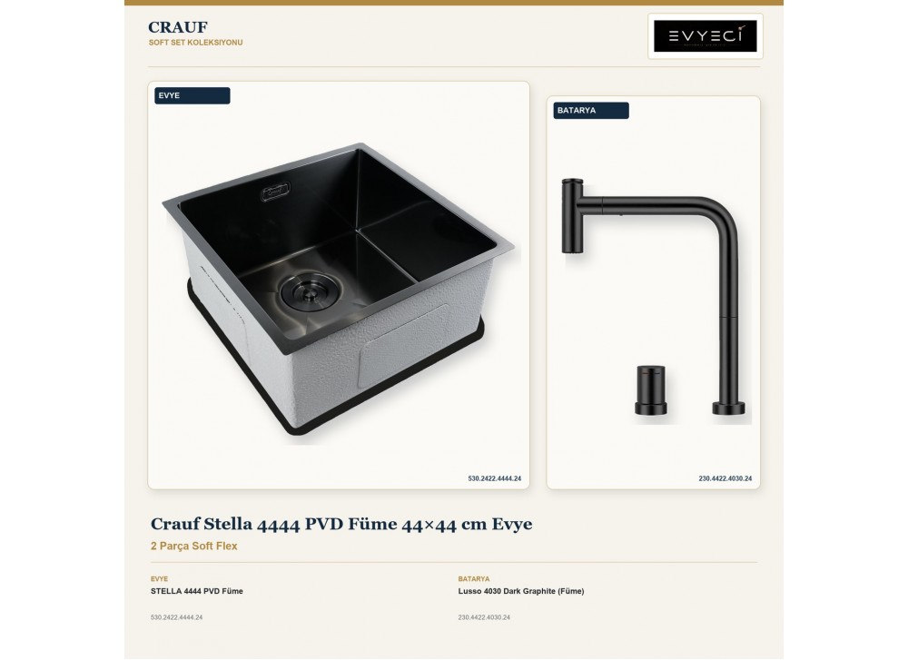 Crauf Stella 4444 PVD Füme 44×44 cm Evye + Lusso 4030 Dark Graphite (Füme) Batarya | 2 Parça Soft Flex