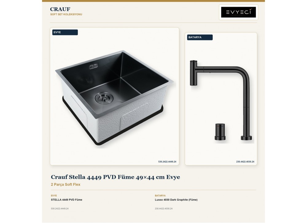 Crauf Stella 4449 PVD Füme 49×44 cm Evye + Lusso 4030 Dark Graphite (Füme) Batarya | 2 Parça Soft Flex