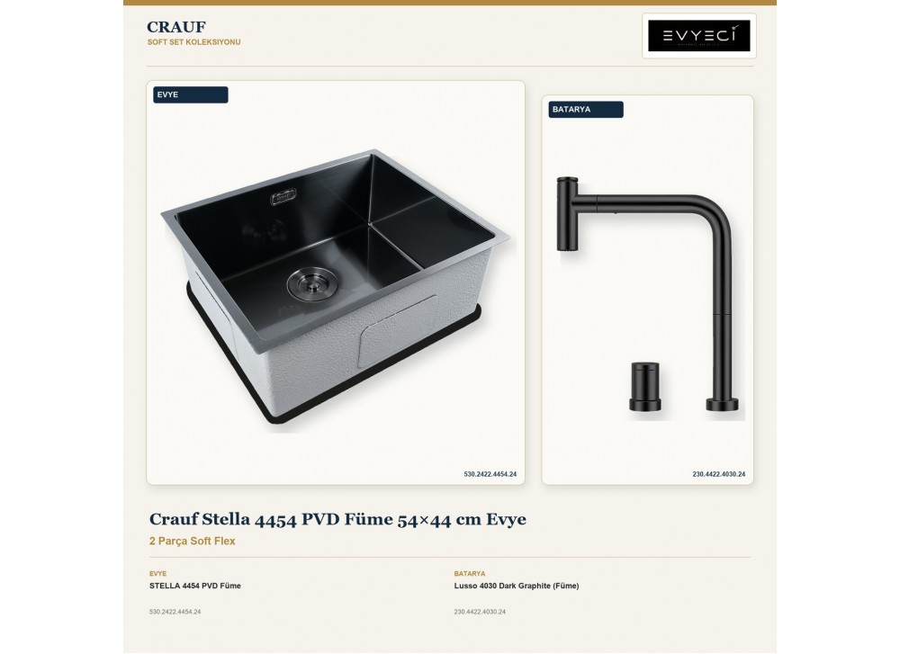 Crauf Stella 4454 PVD Füme 54×44 cm Evye + Lusso 4030 Dark Graphite (Füme) Batarya | 2 Parça Soft Flex Crauf Stella 4454 PVD Füme 54×44 cm Evye + Lusso 4030 Dark Graphite (Füme) Batarya | 2 Parça Soft Flex