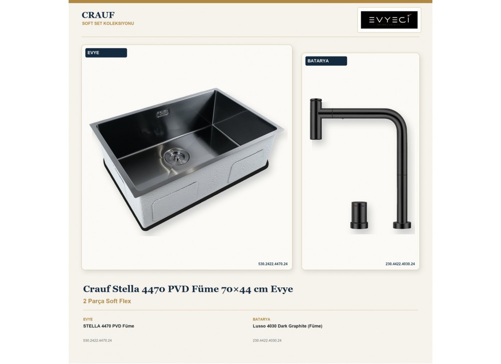 Crauf Stella 4470 PVD Füme 70×44 cm Evye + Lusso 4030 Dark Graphite (Füme) Batarya | 2 Parça Soft Flex