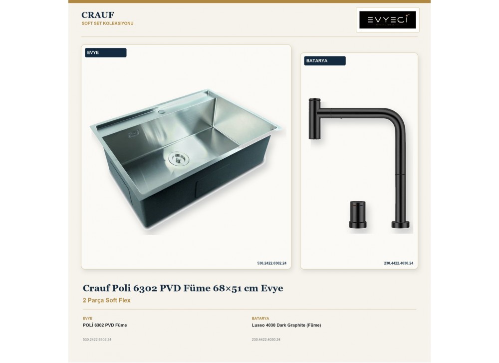 Crauf Poli 6302 PVD Füme 68×51 cm Evye + Lusso 4030 Dark Graphite (Füme) Batarya | 2 Parça Soft Flex