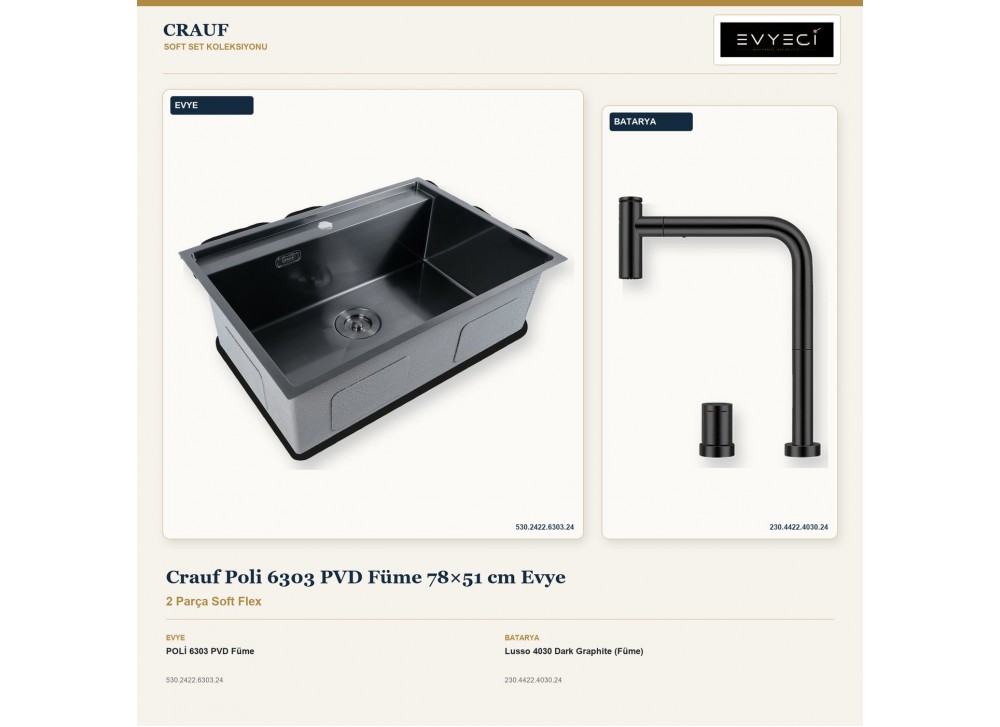 Crauf Poli 6303 PVD Füme 78×51 cm Evye + Lusso 4030 Dark Graphite (Füme) Batarya | 2 Parça Soft Flex Crauf Poli 6303 PVD Füme 78×51 cm Evye + Lusso 4030 Dark Graphite (Füme) Batarya | 2 Parça Soft Flex