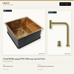 Crauf Stella 4444 PVD Altın 44×44 cm Evye + Lusso 4030 Imperial Gold (İpeksi Altın) Batarya | 2 Parça Soft Flex