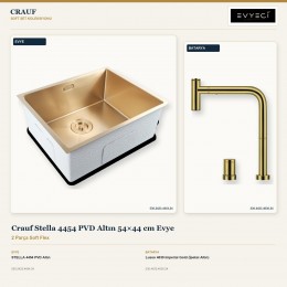 Crauf Stella 4454 PVD Altın 54×44 cm Evye + Lusso 4030 Imperial Gold (İpeksi Altın) Batarya | 2 Parça Soft Flex