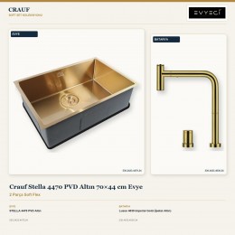 Crauf Stella 4470 PVD Altın 70×44 cm Evye + Lusso 4030 Imperial Gold (İpeksi Altın) Batarya | 2 Parça Soft Flex