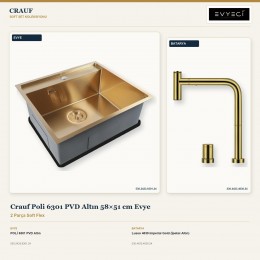Crauf Poli 6301 PVD Altın 58×51 cm Evye + Lusso 4030 Imperial Gold (İpeksi Altın) Batarya | 2 Parça Soft Flex