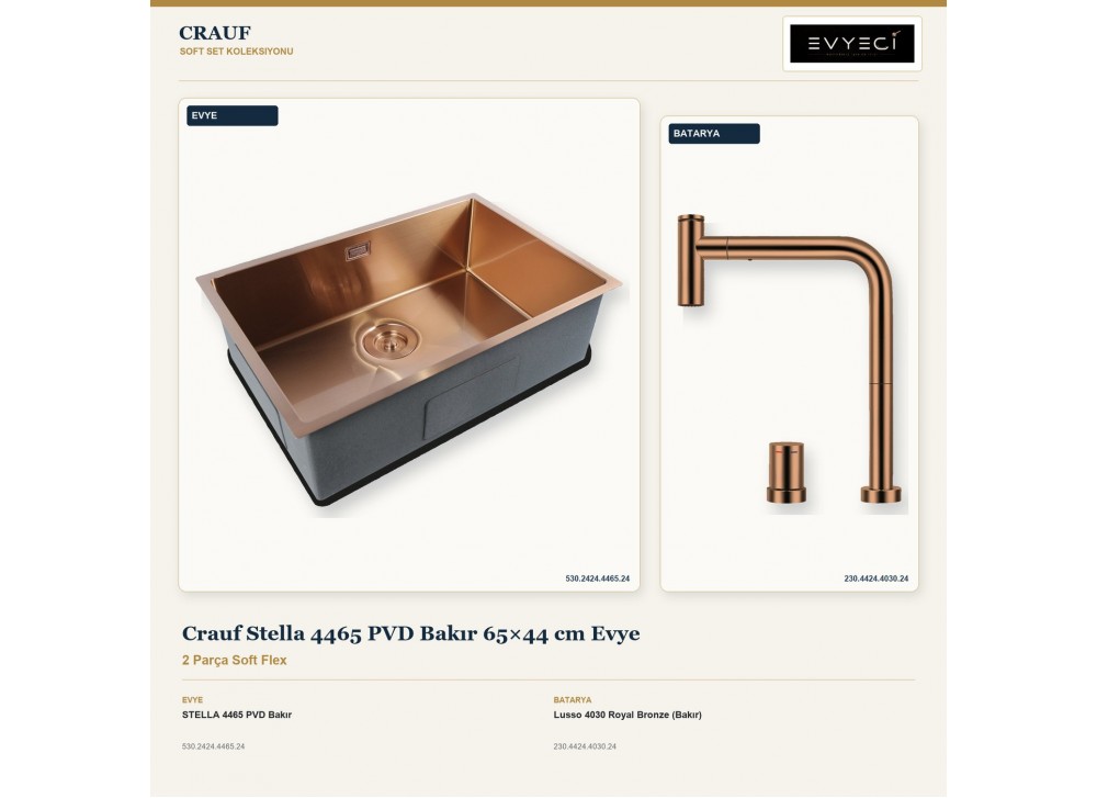Crauf Stella 4465 PVD Bakır 65×44 cm Evye + Lusso 4030 Royal Bronze (Bakır) Batarya | 2 Parça Soft Flex Crauf Stella 4465 PVD Bakır 65×44 cm Evye + Lusso 4030 Royal Bronze (Bakır) Batarya | 2 Parça Soft Flex