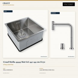Crauf Stella 4444 Mat Gri 44×44 cm Evye + Lusso 4030 Platinum Satin (İnox) Batarya | 2 Parça Soft Flex