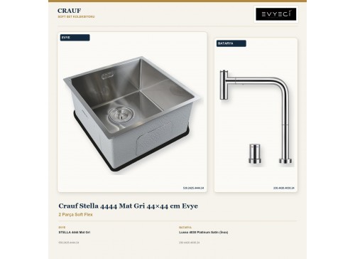 Crauf Stella 4444 Mat Gri 44×44 cm Evye + Lusso 4030 Platinum Satin (İnox) Batarya | 2 Parça Soft Flex
