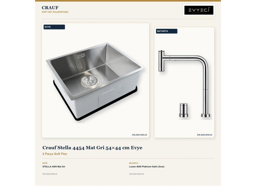 Crauf Stella 4454 Mat Gri 54×44 cm Evye + Lusso 4030 Platinum Satin (İnox) Batarya | 2 Parça Soft Flex Crauf Stella 4454 Mat Gri 54×44 cm Evye + Lusso 4030 Platinum Satin (İnox) Batarya | 2 Parça Soft Flex
