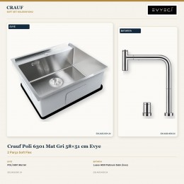 Crauf Poli 6301 Mat Gri 58×51 cm Evye + Lusso 4030 Platinum Satin (İnox) Batarya | 2 Parça Soft Flex
