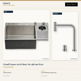 Crauf Lusso 1070 İnox 76×48 cm Evye + Lusso 4030 Platinum Satin (İnox) Batarya | 2 Parça Soft Flex