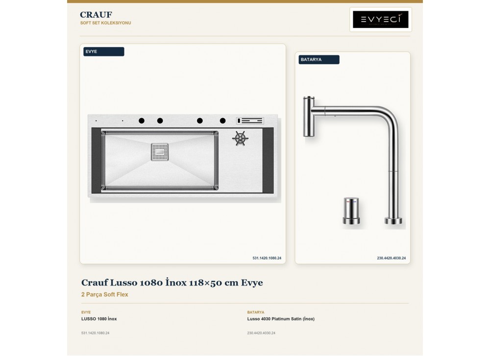 Crauf Lusso 1080 İnox 118×50 cm Evye + Lusso 4030 Platinum Satin (İnox) Batarya | 2 Parça Soft Flex Crauf Lusso 1080 İnox 118×50 cm Evye + Lusso 4030 Platinum Satin (İnox) Batarya | 2 Parça Soft Flex