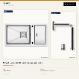 Crauf Lusso 1085 İnox 82×43 cm Evye + Lusso 4030 Platinum Satin (İnox) Batarya | 2 Parça Soft Flex