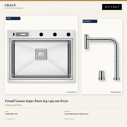Crauf Lusso 6391 İnox 64×49 cm Evye + Lusso 4030 Platinum Satin (İnox) Batarya | 2 Parça Soft Flex