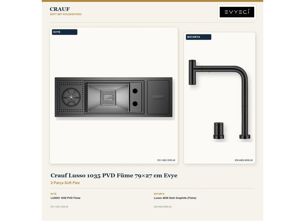 Crauf Lusso 1035 PVD Füme 79×27 cm Evye + Lusso 4030 Dark Graphite (Füme) Batarya | 2 Parça Soft Flex Crauf Lusso 1035 PVD Füme 79×27 cm Evye + Lusso 4030 Dark Graphite (Füme) Batarya | 2 Parça Soft Flex