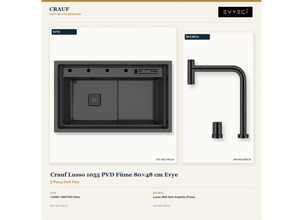Crauf Lusso 1055 PVD Füme 80×48 cm Evye + Lusso 4030 Dark Graphite (Füme) Batarya | 2 Parça Soft Flex Crauf Lusso 1055 PVD Füme 80×48 cm Evye + Lusso 4030 Dark Graphite (Füme) Batarya | 2 Parça Soft Flex