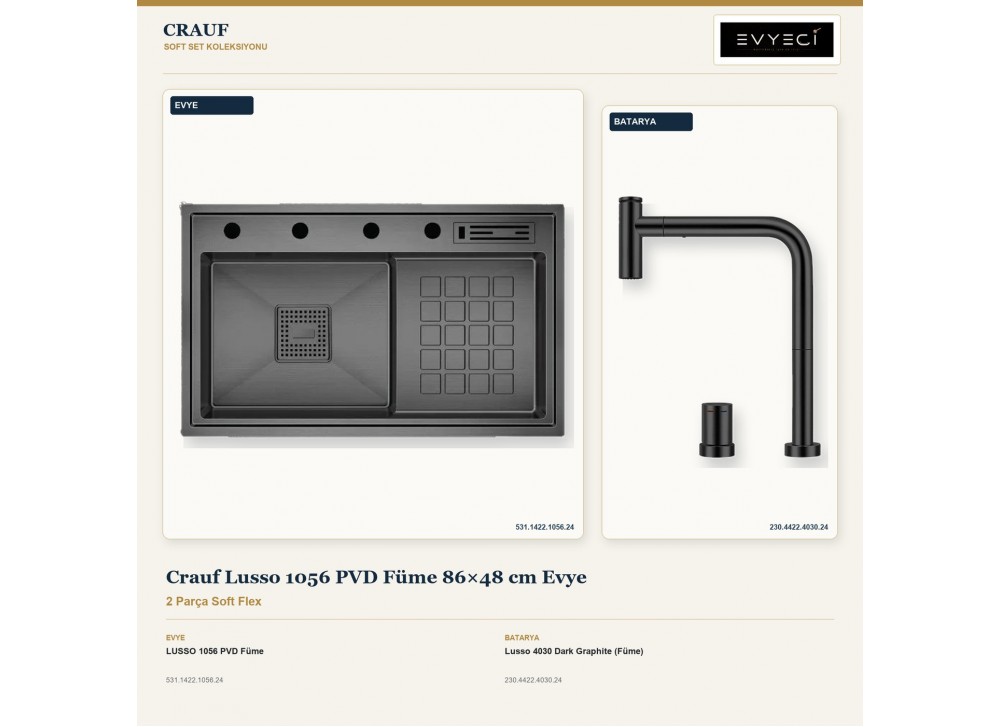 Crauf Lusso 1056 PVD Füme 86×48 cm Evye + Lusso 4030 Dark Graphite (Füme) Batarya | 2 Parça Soft Flex Crauf Lusso 1056 PVD Füme 86×48 cm Evye + Lusso 4030 Dark Graphite (Füme) Batarya | 2 Parça Soft Flex