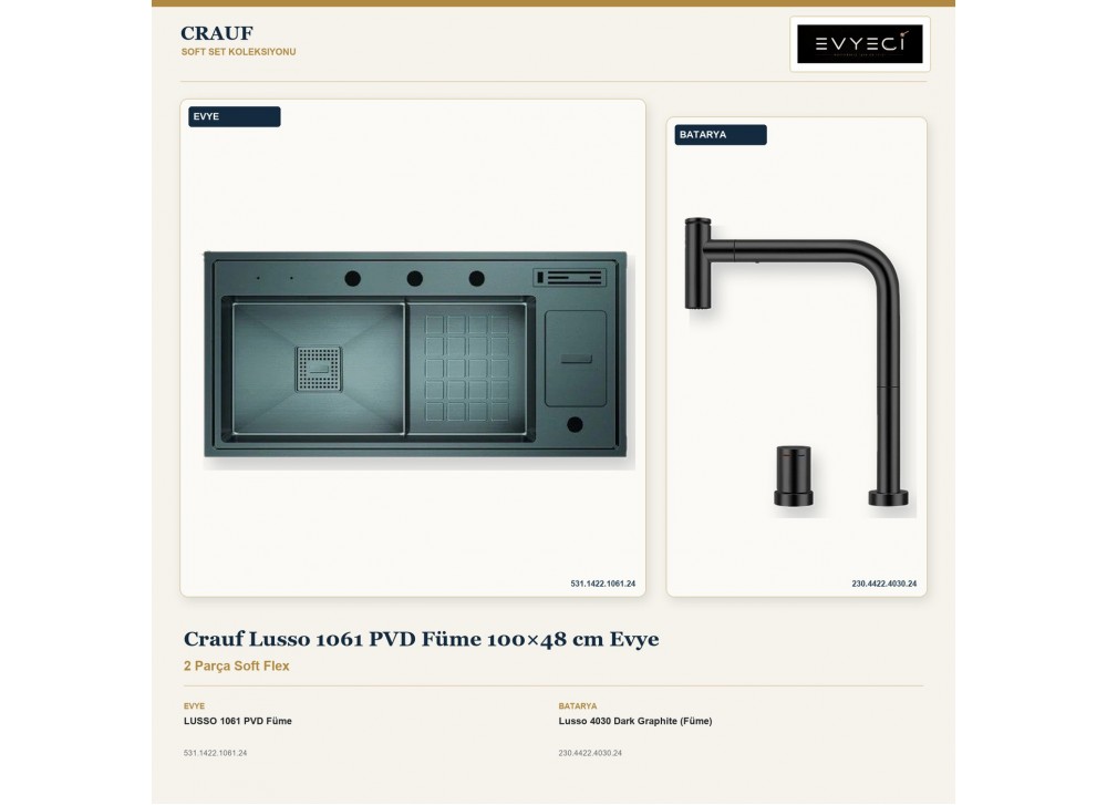 Crauf Lusso 1061 PVD Füme 100×48 cm Evye + Lusso 4030 Dark Graphite (Füme) Batarya | 2 Parça Soft Flex Crauf Lusso 1061 PVD Füme 100×48 cm Evye + Lusso 4030 Dark Graphite (Füme) Batarya | 2 Parça Soft Flex