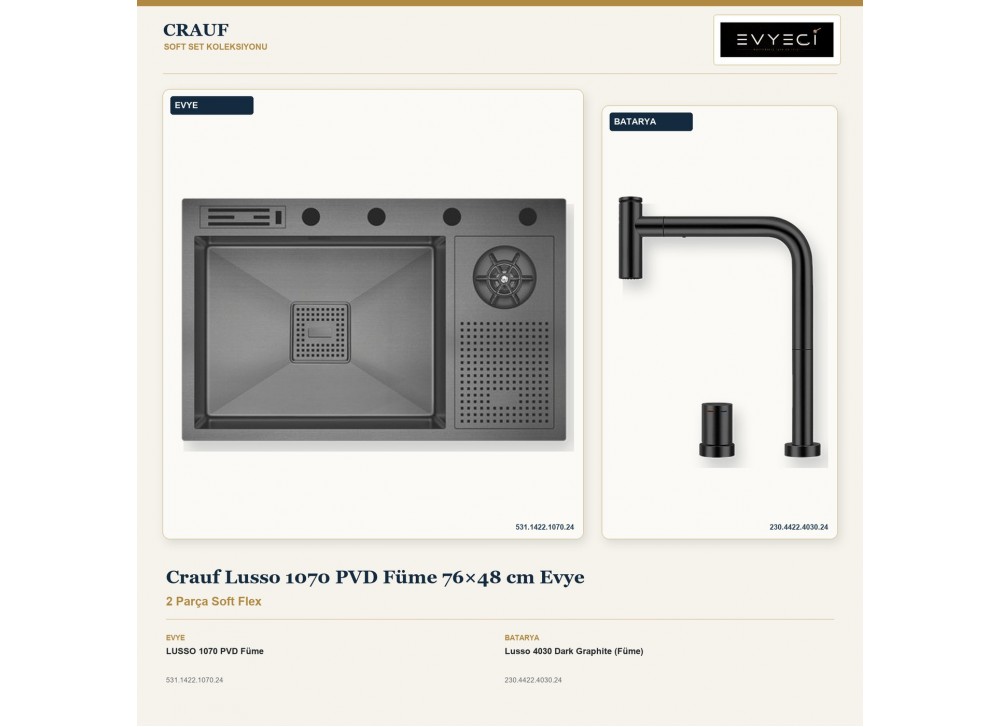 Crauf Lusso 1070 PVD Füme 76×48 cm Evye + Lusso 4030 Dark Graphite (Füme) Batarya | 2 Parça Soft Flex Crauf Lusso 1070 PVD Füme 76×48 cm Evye + Lusso 4030 Dark Graphite (Füme) Batarya | 2 Parça Soft Flex