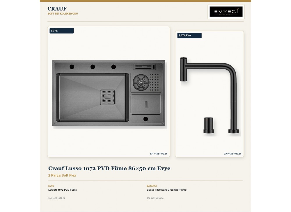 Crauf Lusso 1072 PVD Füme 86×50 cm Evye + Lusso 4030 Dark Graphite (Füme) Batarya | 2 Parça Soft Flex Crauf Lusso 1072 PVD Füme 86×50 cm Evye + Lusso 4030 Dark Graphite (Füme) Batarya | 2 Parça Soft Flex