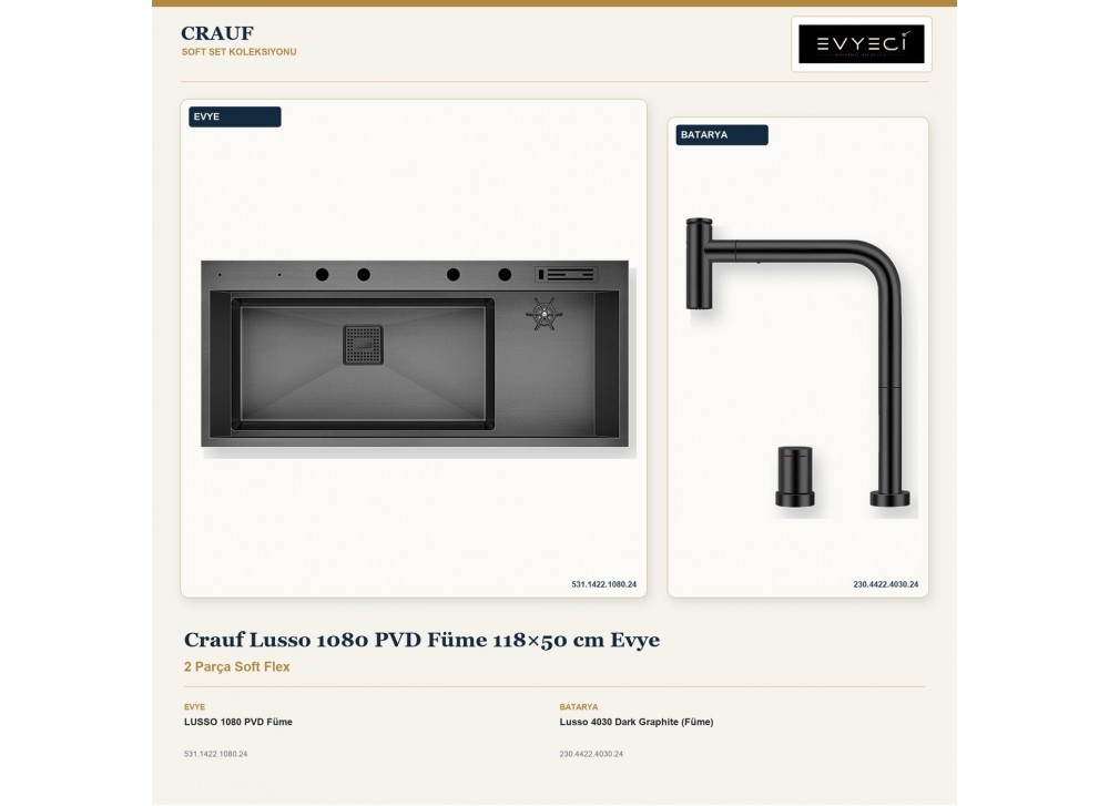 Crauf Lusso 1080 PVD Füme 118×50 cm Evye + Lusso 4030 Dark Graphite (Füme) Batarya | 2 Parça Soft Flex