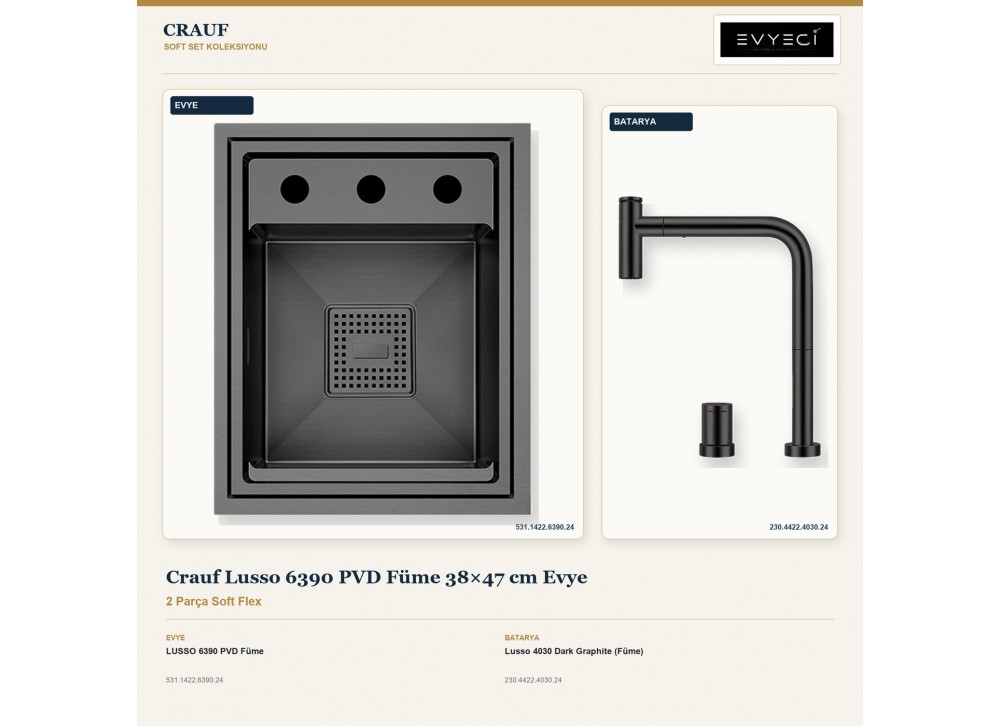 Crauf Lusso 6390 PVD Füme 38×47 cm Evye + Lusso 4030 Dark Graphite (Füme) Batarya | 2 Parça Soft Flex
