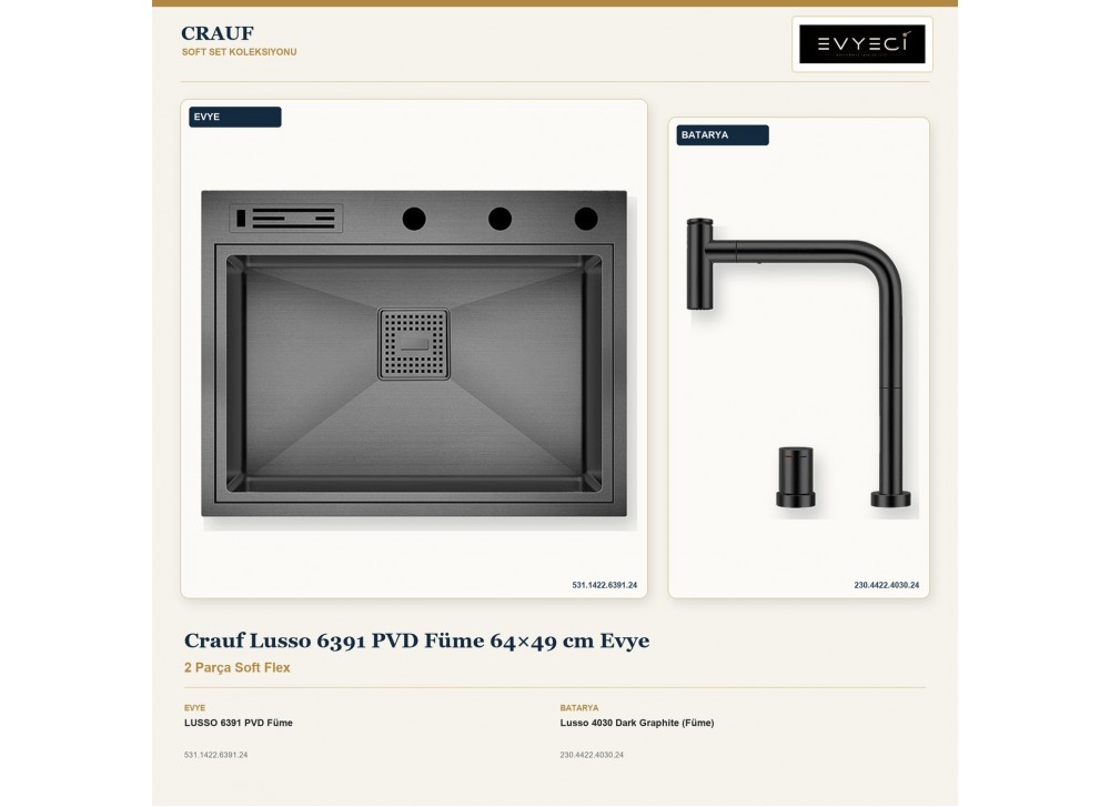 Crauf Lusso 6391 PVD Füme 64×49 cm Evye + Lusso 4030 Dark Graphite (Füme) Batarya | 2 Parça Soft Flex