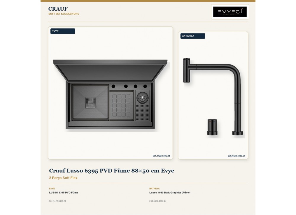 Crauf Lusso 6395 PVD Füme 88×50 cm Evye + Lusso 4030 Dark Graphite (Füme) Batarya | 2 Parça Soft Flex Crauf Lusso 6395 PVD Füme 88×50 cm Evye + Lusso 4030 Dark Graphite (Füme) Batarya | 2 Parça Soft Flex