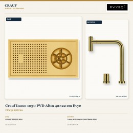 Crauf Lusso 1030 PVD Altın 42×22 cm Evye + Lusso 4030 Imperial Gold (İpeksi Altın) Batarya | 2 Parça Soft Flex