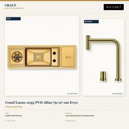 Crauf Lusso 1035 PVD Altın 79×27 cm Evye + Lusso 4030 Imperial Gold (İpeksi Altın) Batarya | 2 Parça Soft Flex