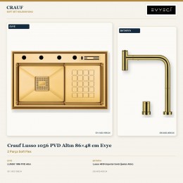 Crauf Lusso 1056 PVD Altın 86×48 cm Evye + Lusso 4030 Imperial Gold (İpeksi Altın) Batarya | 2 Parça Soft Flex