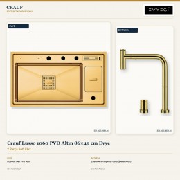 Crauf Lusso 1060 PVD Altın 86×49 cm Evye + Lusso 4030 Imperial Gold (İpeksi Altın) Batarya | 2 Parça Soft Flex