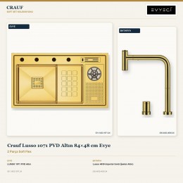 Crauf Lusso 1071 PVD Altın 84×48 cm Evye + Lusso 4030 Imperial Gold (İpeksi Altın) Batarya | 2 Parça Soft Flex