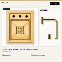 Crauf Lusso 6390 PVD Altın 38×47 cm Evye + Lusso 4030 Imperial Gold (İpeksi Altın) Batarya | 2 Parça Soft Flex