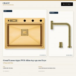 Crauf Lusso 6391 PVD Altın 64×49 cm Evye + Lusso 4030 Imperial Gold (İpeksi Altın) Batarya | 2 Parça Soft Flex
