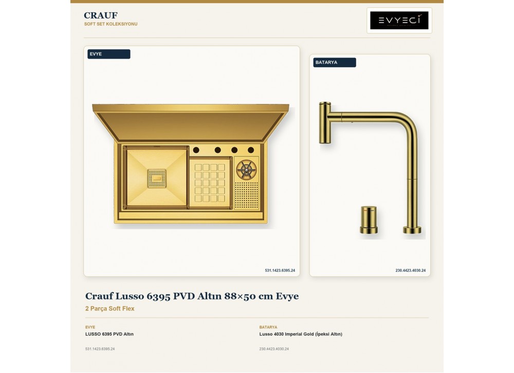 Crauf Lusso 6395 PVD Altın 88×50 cm Evye + Lusso 4030 Imperial Gold (İpeksi Altın) Batarya | 2 Parça Soft Flex Crauf Lusso 6395 PVD Altın 88×50 cm Evye + Lusso 4030 Imperial Gold (İpeksi Altın) Batarya | 2 Parça Soft Flex