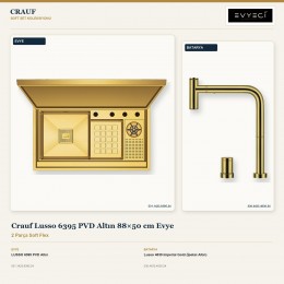 Crauf Lusso 6395 PVD Altın 88×50 cm Evye + Lusso 4030 Imperial Gold (İpeksi Altın) Batarya | 2 Parça Soft Flex