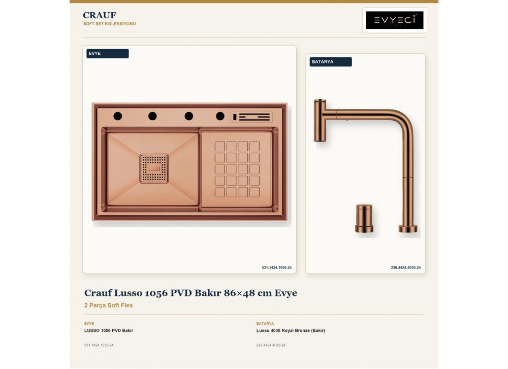 Crauf Lusso 1056 PVD Bakır 86×48 cm Evye + Lusso 4030 Royal Bronze (Bakır) Batarya | 2 Parça Soft Flex Crauf Lusso 1056 PVD Bakır 86×48 cm Evye + Lusso 4030 Royal Bronze (Bakır) Batarya | 2 Parça Soft Flex