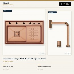 Crauf Lusso 1056 PVD Bakır 86×48 cm Evye + Lusso 4030 Royal Bronze (Bakır) Batarya | 2 Parça Soft Flex
