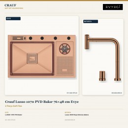Crauf Lusso 1070 PVD Bakır 76×48 cm Evye + Lusso 4030 Royal Bronze (Bakır) Batarya | 2 Parça Soft Flex