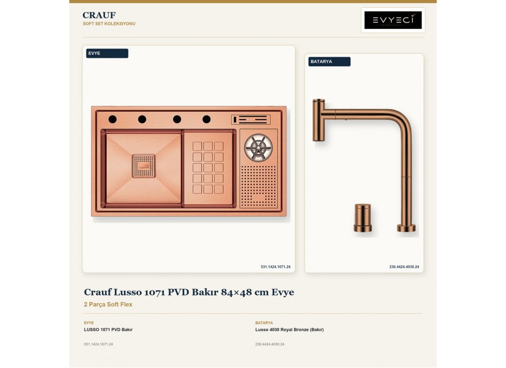 Crauf Lusso 1071 PVD Bakır 84×48 cm Evye + Lusso 4030 Royal Bronze (Bakır) Batarya | 2 Parça Soft Flex Crauf Lusso 1071 PVD Bakır 84×48 cm Evye + Lusso 4030 Royal Bronze (Bakır) Batarya | 2 Parça Soft Flex